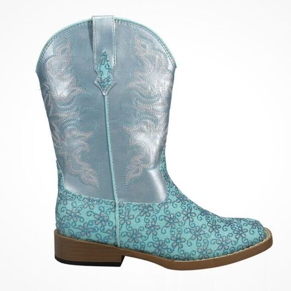 Roper Glittery Floral Square Toe Cowgirl Youth 2 Girls Blue Casual Boots Western - Picture 1 of 7